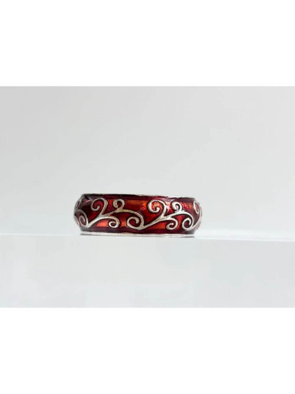 Orange Enamel Art Nouveau Inspired Sterling Silver 925 Vintage Ring - sz 9.75